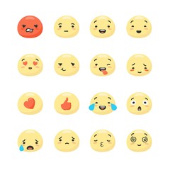 Collection of round yellow smiley faces expressing positive and negative emotions - anger, happiness, confusion, sadness, joy. Bundle of emoticons or facial expressions. Cartoon vector illustration.