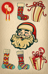 Merry Christmas greeting bundle with retro Santa Claus, socks and gift boxes. Vintage styled.