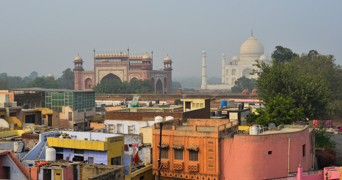 Aerial View Of Taj Mahal And Agra City