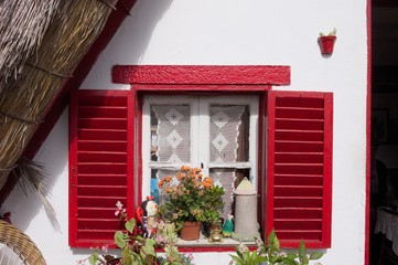 Isolated red window with plants and decorations of a traditional house in Santana (Madeira Island, Portugal, Europe)