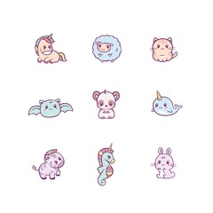 Set of adorable happy baby animals and fairytale creatures isolated on white background. Bundle of funny cartoon characters. Flat colorful vector illustration for children in cute kawaii style. © Богдан Скрипник