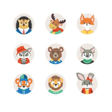 Collection of portraits of cute wild animals in clothes in round frames isolated on white background. Bundle of faces or muzzles of funny characters. Flat cartoon vector illustration for children.