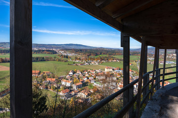 Fototapeta na wymiar View on the Gruyeres village, Switzerland, and surrounding hills in autumn light.