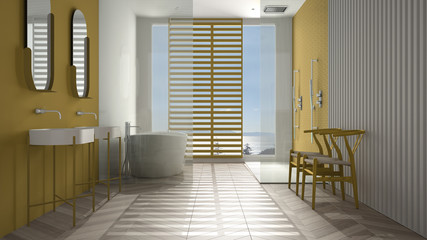Luxury modern white and yellow bathroom with herringbone parquet, panoramic window, sea panorama, bathtub, shower and double sink, interior design, minimal bright interior design