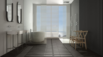 Luxury modern white and gray bathroom with herringbone parquet floor, panoramic window, sea panorama, bathtub, shower and double sink, interior design, minimal bright interior design