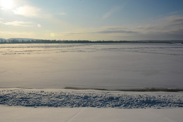 NIZHNY NOVGOROD, RUSSIA - DECEMBER 3, 2019: Winter view to frozen Volga river from Trinity Makaryev Zheltovodsky Monastery located in Nizhny Novgorod region in winter