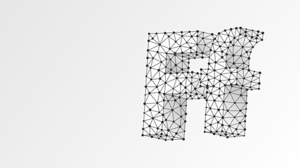 Alphabet letter F. Abstract digital wireframe, low poly mesh, vector white origami 3d illustration. Design of an Uppercase and lowercase letters. Banner, template or a pattern. Triangle, line dot