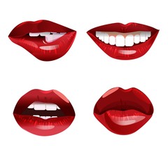 Obraz premium Collection of glossy woman red lips. Sexy mouth smiling, kissing, biting, puckering. Glamorous makeup. Romantic design element isolated on white background. Cartoon colorful vector illustration.
