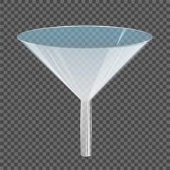 Glass transparent funnel. Laboratory tool, device or glassware for filtering liquids, scientific or medical research. 3D design element isolated on clear background. Realistic vector illustration.