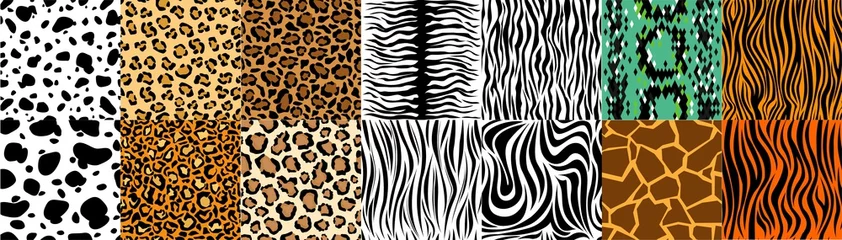 Zelfklevend Fotobehang Collection of natural seamless patterns with coat, skin of fur textures of wild exotic animals - zebra, snake, tiger, leopard, giraffe. Flat vector illustration for wrapping paper, textile print. © Богдан Скрипник
