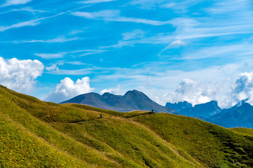 Fototapeta premium Mountainbiker auf Trail über eine Almwiese mit Blick auf die Dolomiten Berge
