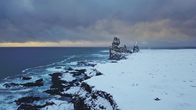 Aerial view drone flying to Londrangar cliffs, Snaefellsnes peninsula, Iceland 