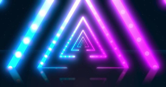 Abstract neon flying triangle tunnel with fluorescent ultraviolet light. Different Colors Rainbow.