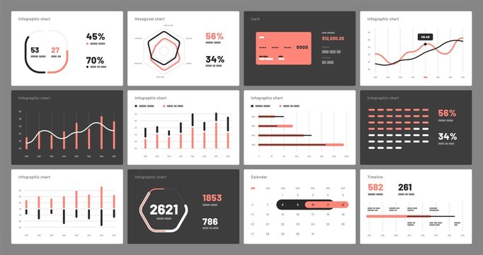 Elements of infographics on a white and black background. Use in presentation templates, flyer, leaflet and corporate report. Dashboard UI and UX Kit with big data visualization.