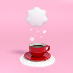 Outstanding red coffee cup under a cloud of snowflake on pastel pink background 3d rendering. 3d illustration celebration christmas and cute new year sale concept. Winter season.