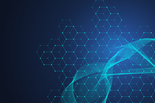 Hexagons abstract background with geometric particles shapes. Science, technology and medical concept. Graphic futuristic background wave flow hex for your design. Vector illustration banner