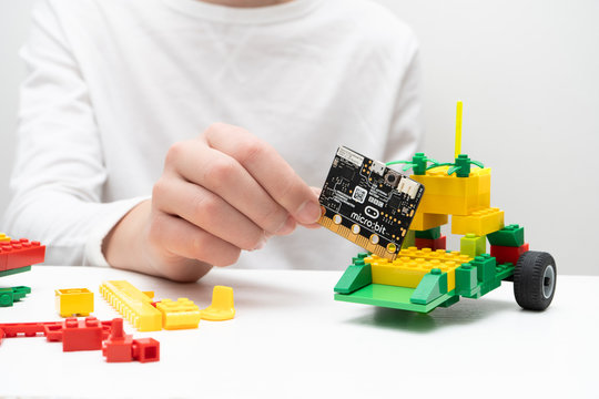 Minsk, Belarus. November, 2019. The BBC robot Micro Bit and lego car. It can be programming on Scratch or Python. Creative, coding, learning, teaching easy and fun. STEM and STEAM education. AI. DIY.