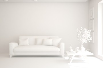 Mock up of stylish room in white color with sofa. Scandinavian interior design. 3D illustration