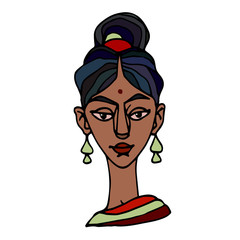 head of a hindu young cute brunette girl with earrings and Bindi, avatar, color vector illustration with black contour lines isolated on a white background in a hand drawn and cartoon style