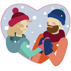 Naklejka premium Vector illustration of happy young couple in winter time in heart-shape frame. Saint Valentines theme. Design for covers, cards, backgrounds, prints, stikers.