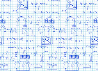 Vintage education and scientific background. Physics law theory and mathematical formula equation on notebook page. Vector hand-drawn seamless pattern.