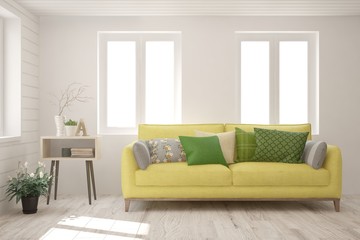 Stylish room in white color with yellow sofa. Scandinavian interior design. 3D illustration