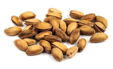Pile of pistachios isolated on white background. Pistachio nuts