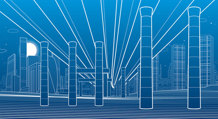 Outline urban scene. Under the car overpass. Industrial illustration. Modern night town. Big bridge. White lines on blue background. Vector design art