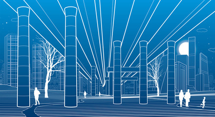 People walk under the car overpass. Modern night town. Outline Urban scene. Big bridge. Industrial illustration. White lines on blue background. Vector design art
