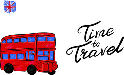 vector illustration of a english bus, flag , lettering isolated on white background . Concept for print, cards, logo , label