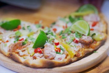 Hot and spicy Thai style pizza Background, thai Street food market