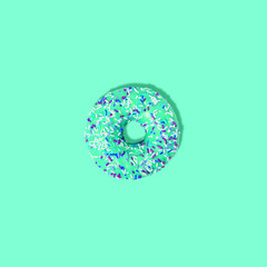 Sweet doughnuts or donuts with icing and with colorful sugar sprinkles on aqua menthe color background.Creative minimal concept.Flat lay,top view,copy space.Square image