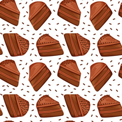 Chocolate cake slice cartoon style vector illustration seamless pattern, isolated colorful piece of delicious cake.