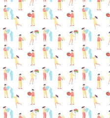 Fototapeta na wymiar Seamless pattern showing the balance of food and water and the concept of intermittent fasting and healthy lifestyle. Man and woman pouring water. Pattern in light colors. Vector illustration.