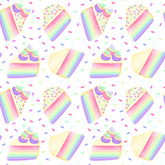 Rainbow cake slice cartoon style vector illustration seamless pattern, isolated colorful piece of delicious cake.