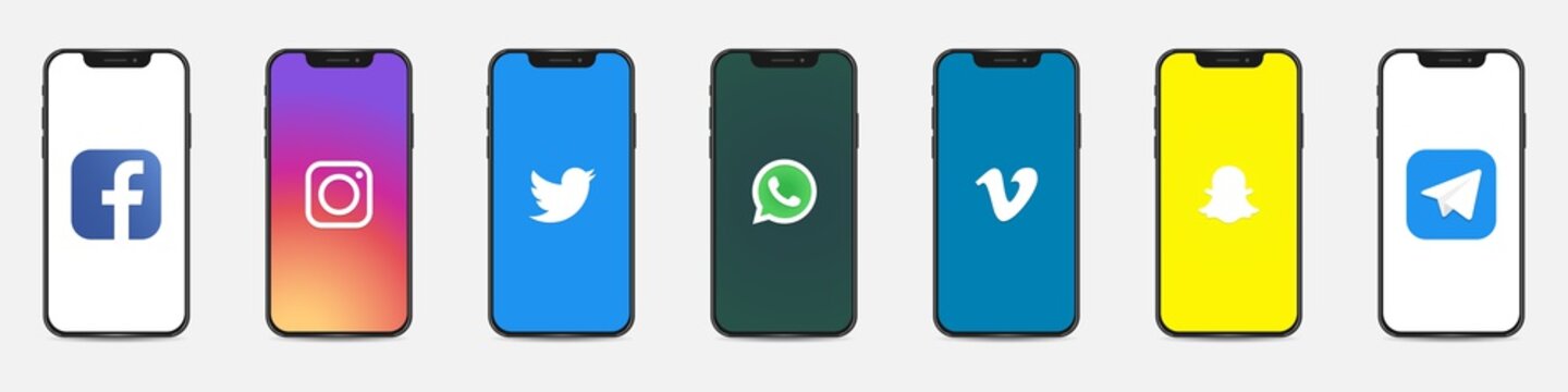 Apple Iphone With Different Social Media, Messenger Logos: Facebook, Instagram, Twitter, WhatsApp, Vimeo, Snapchat, Telegram. Kyiv, Ukraine - December 11, 2019