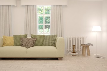 Fototapeta premium Stylish room in white color with sofa. Scandinavian interior design. 3D illustration
