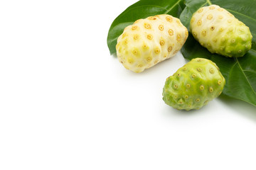 Great morinda, Tahitian noni, Indian mulberry, Beach mulberry (Morinda citrifolia) isolated on white background. concept Herbal and Vegetable extracts are medications for Reduce heart disease risk