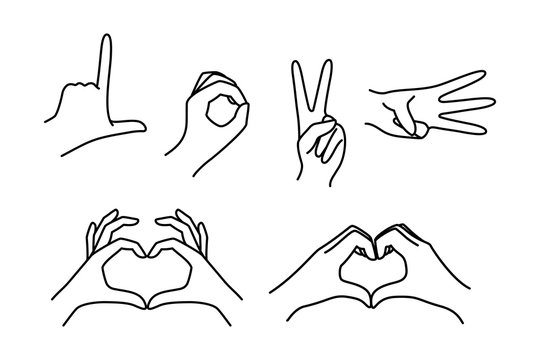Female hands gestures fingers make the word love and a heart shape. Vector icin woman hand of a love symbol