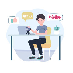 Blogger Young men. Vlogging cartoon character. Online streaming video blog. Posting on social media