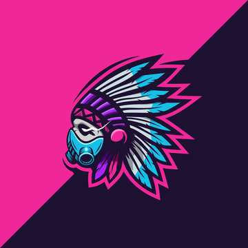 Indian Tribe Gas Mask Sport E-sport Mascot Gaming Team Logo Vector Premium
