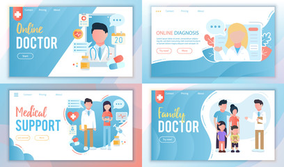 Doctor online consultation set. For medical landing page, diagnosis technology. Family doctor