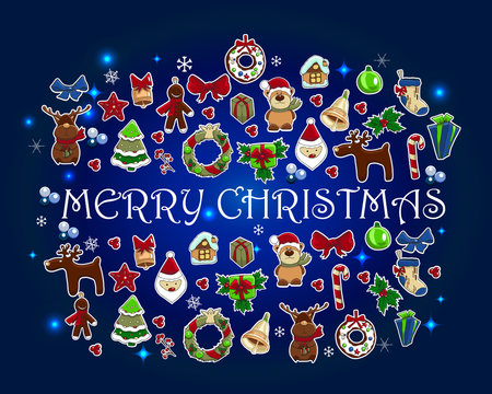 Holiday new year and christmas vector card.  Cute christmas characters on the deep blue background. Text Merry Christmas and happy new year.