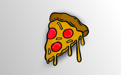 Vector illustration. Slice of pizza with melted cheese and pepperoni. Cartoon sticker, cartoon, contoured. Decoration for greeting cards, posters, patches, garment prints, emblems.