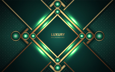 Abstract green paper shapes overlapping texture background a combination with light golden decoration. Luxury and modern paper cover background for use frame, cover, banner, corporate, card