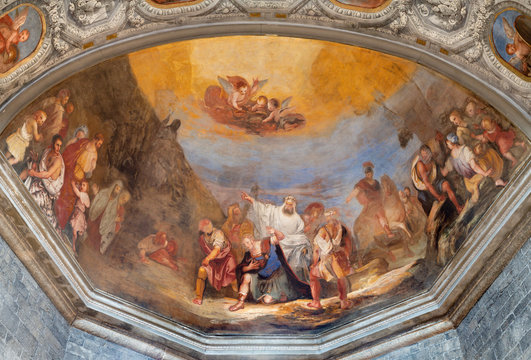 COMO, ITALY - MAY 9, 2015: The fresco of Martyrdom of St. Fidelis (Fedele) in main apse of church Basilica di San Fedele by Guglielmo Beltrami (1848).
