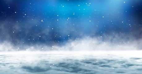 Dark winter forest background at night. Snow, fog, moonlight. Dark abstract winter forest background.  Dark neon night background in the forest with moonlight. Night view, magic