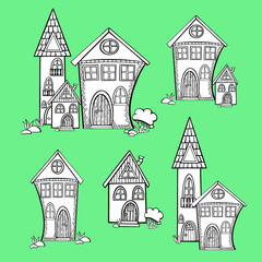 Set of houses black and white on green background contour stroke doodle vector illustration stickers banner