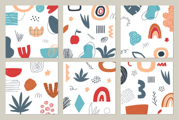 Abstract vector doodle floral backgrounds. Hand drawn shapes, objects and textures in contemporary style.