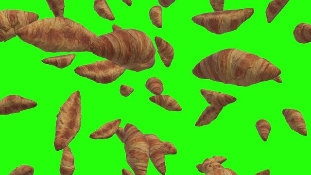 Freshly baked croissants falling on green screen background. French traditional pastry. Close up view. Breakfast concept. 3d animation on chroma key